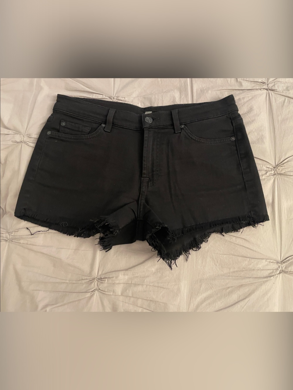 7 For All Mankind Black Distressed Frayed Hem Denim Shorts